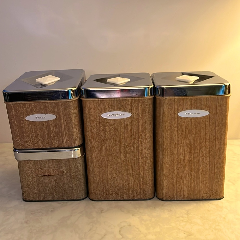 Vintage 1960’s MCM Masterware Faux wood and chrome  canister set. Sleek modern